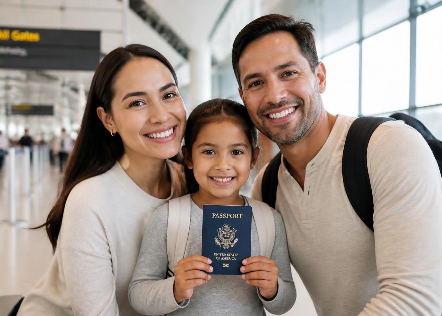Parents and their young child at an airport terminal holding a closed U.S. passport booklet