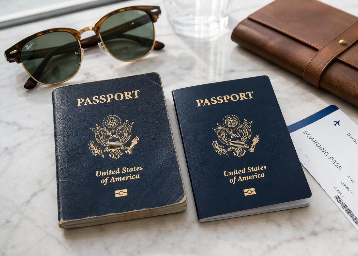 A worn closed U.S. passport beside a new closed U.S. passport with travel essentials