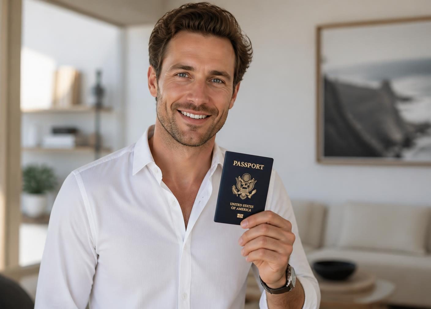 Smiling traveler holding a new closed navy U.S. passport booklet
