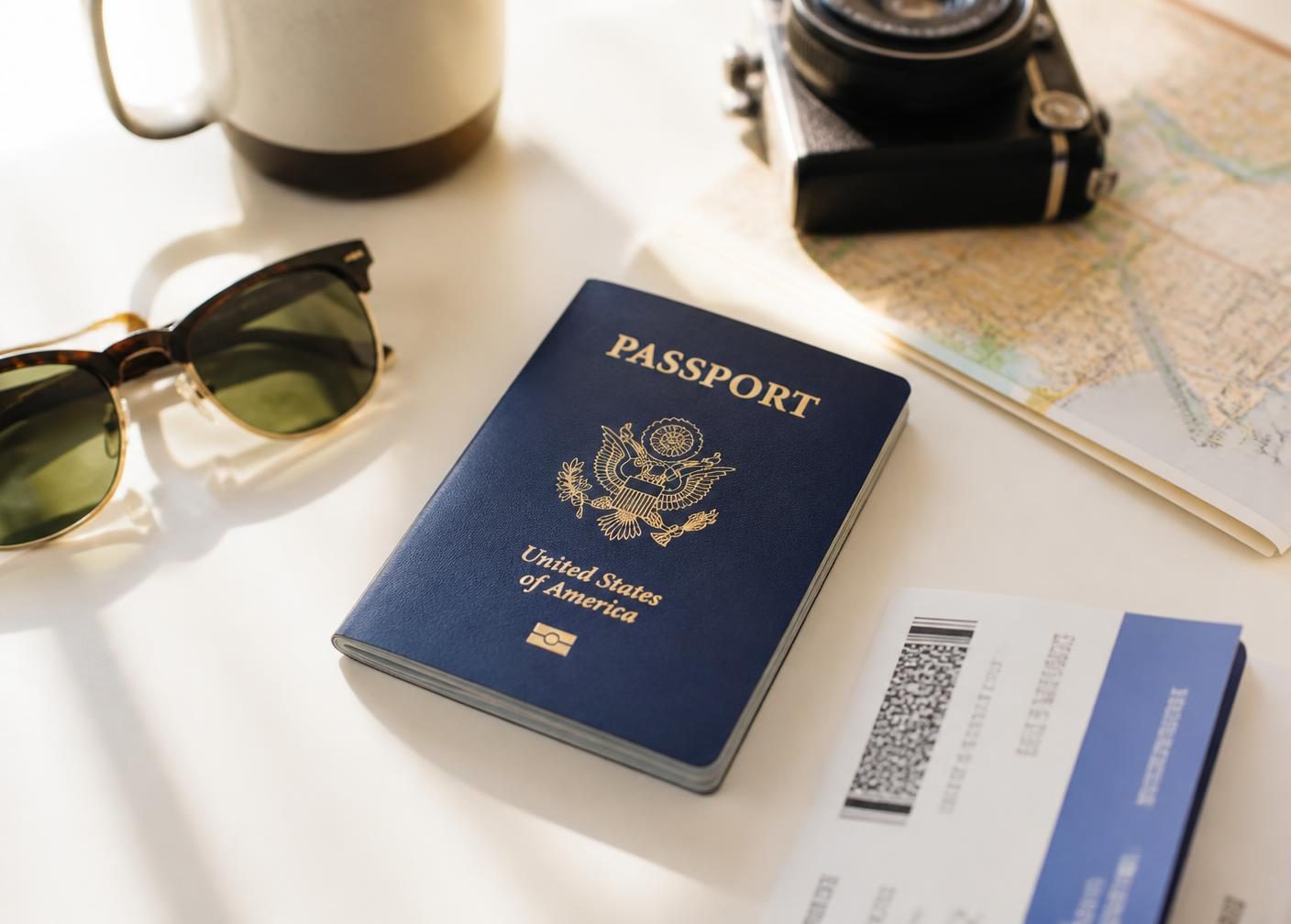 Closed U.S. passport booklet with sunglasses, boarding pass, and travel essentials