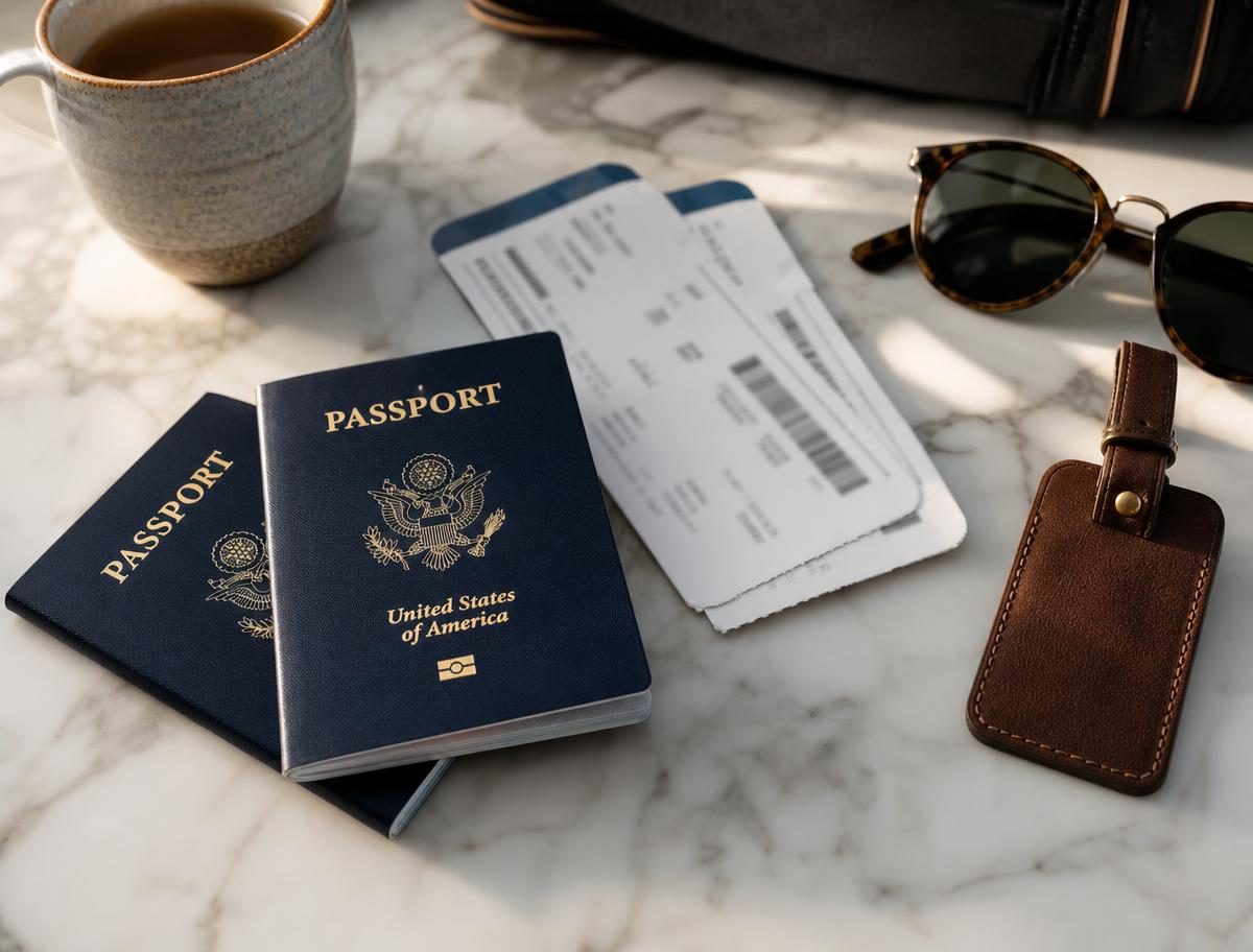 Two closed U.S. passport books with boarding passes and travel essentials