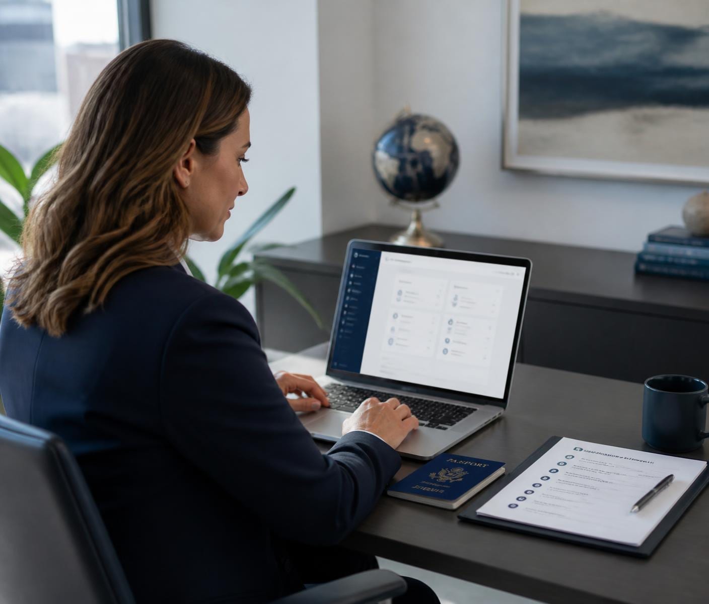 Global mobility manager at an office desk with a laptop, a closed U.S. passport, and a document checklist