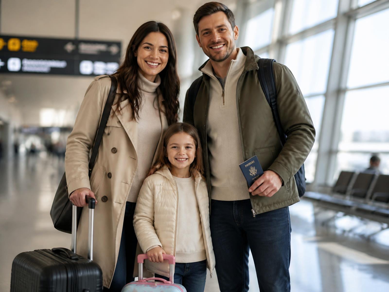 Parents and their young child in an airport terminal holding a closed U.S. passport booklet