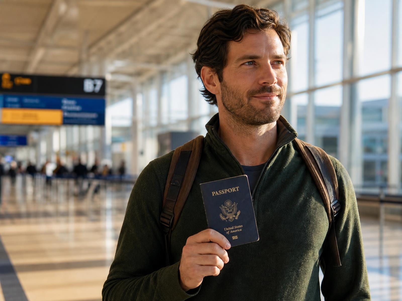 Traveler in an airport terminal holding a closed, worn U.S. passport booklet