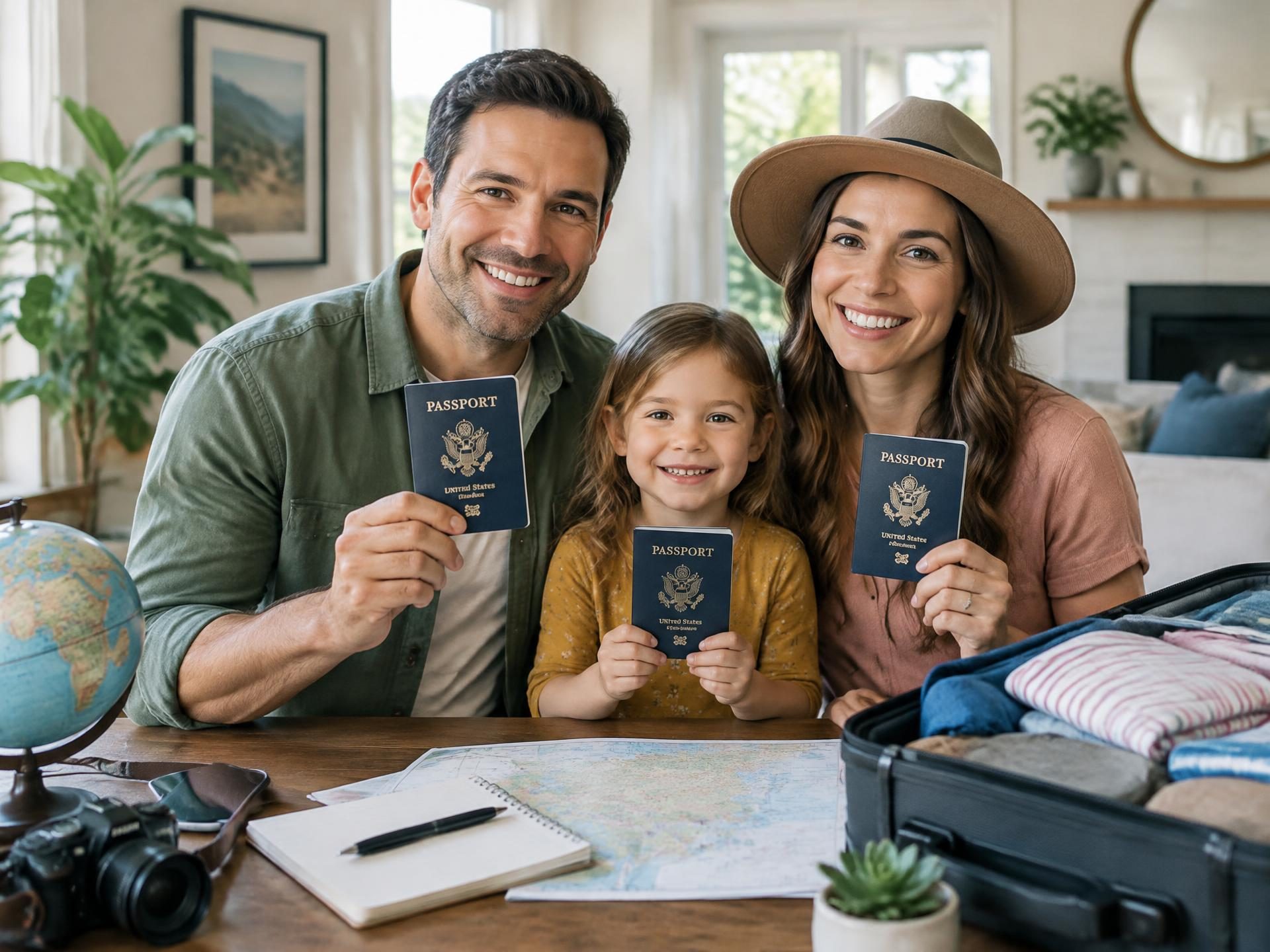 A family preparing passports for an upcoming trip