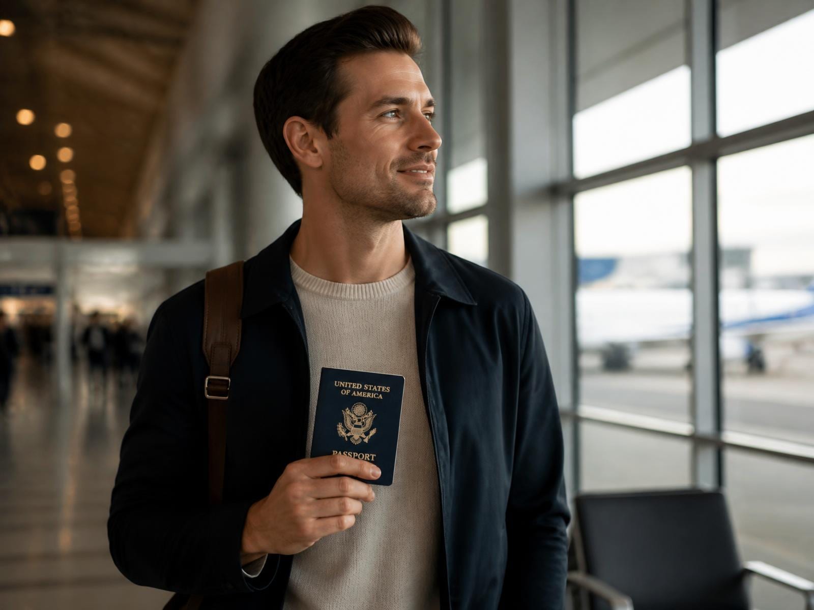 Traveler in an airport terminal holding a closed navy U.S. passport booklet