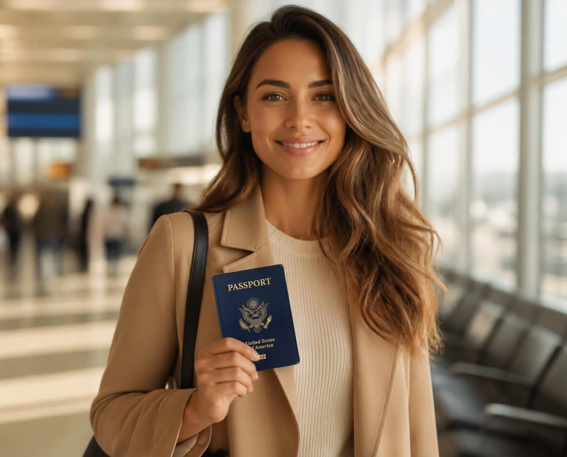 Smiling traveler holding a closed U.S. passport in a bright airport terminal