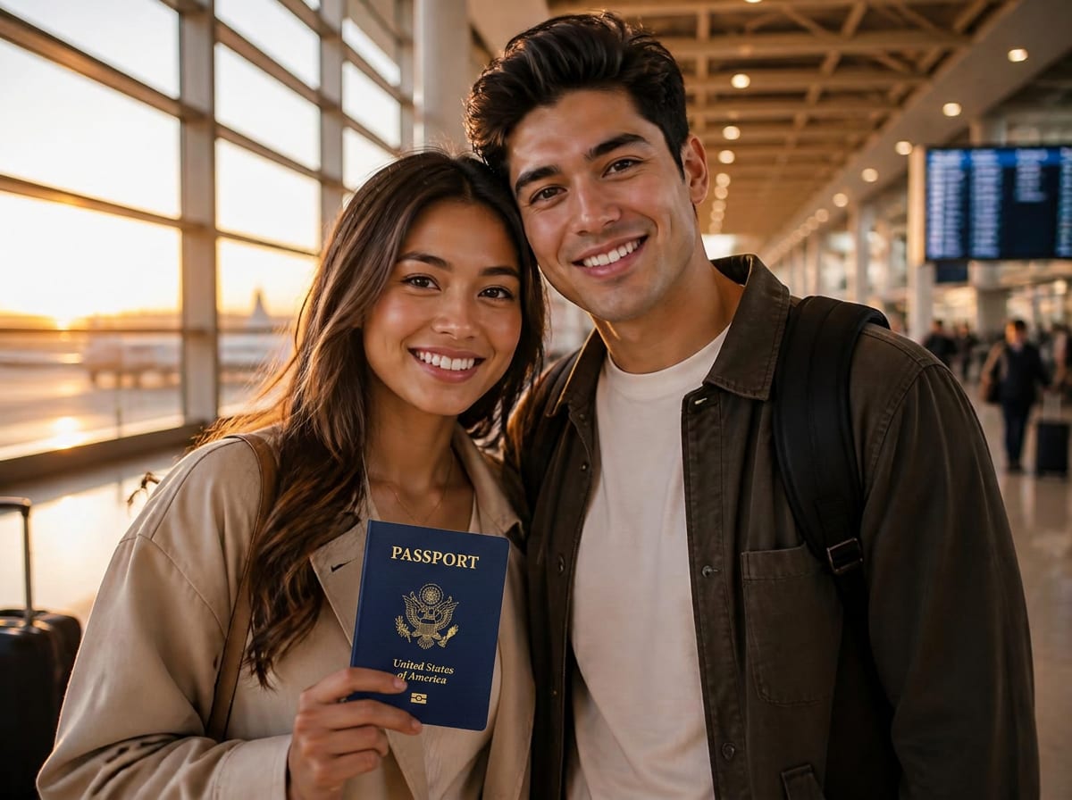 Smiling couple in an airport terminal holding a closed U.S. passport booklet
