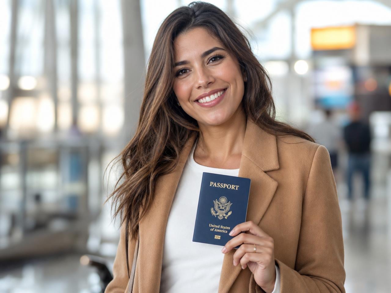 Smiling traveler holding a U.S. passport in bright natural light
