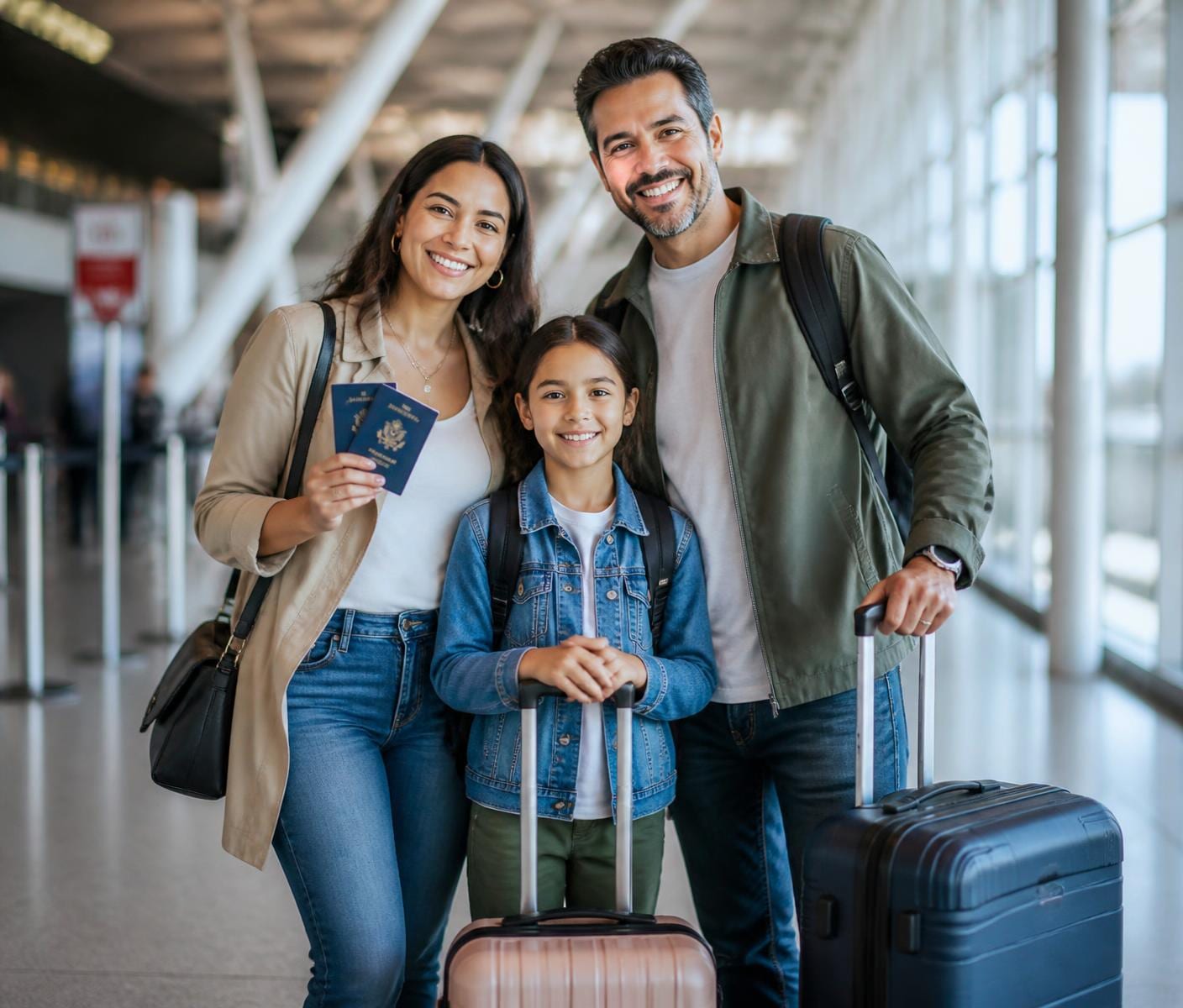 Smiling family in an airport terminal holding closed U.S. passports