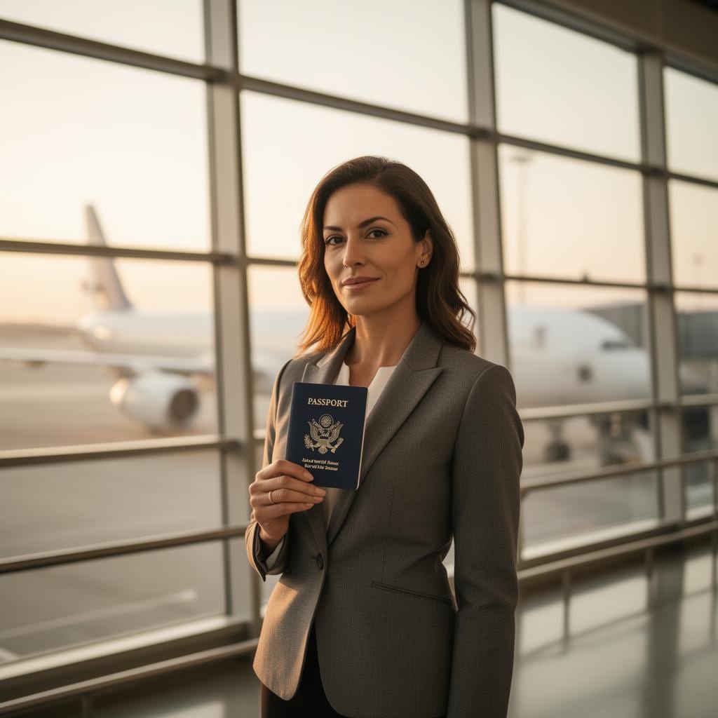 Professional traveler at an airport holding a U.S. passport with a Saudi work visa