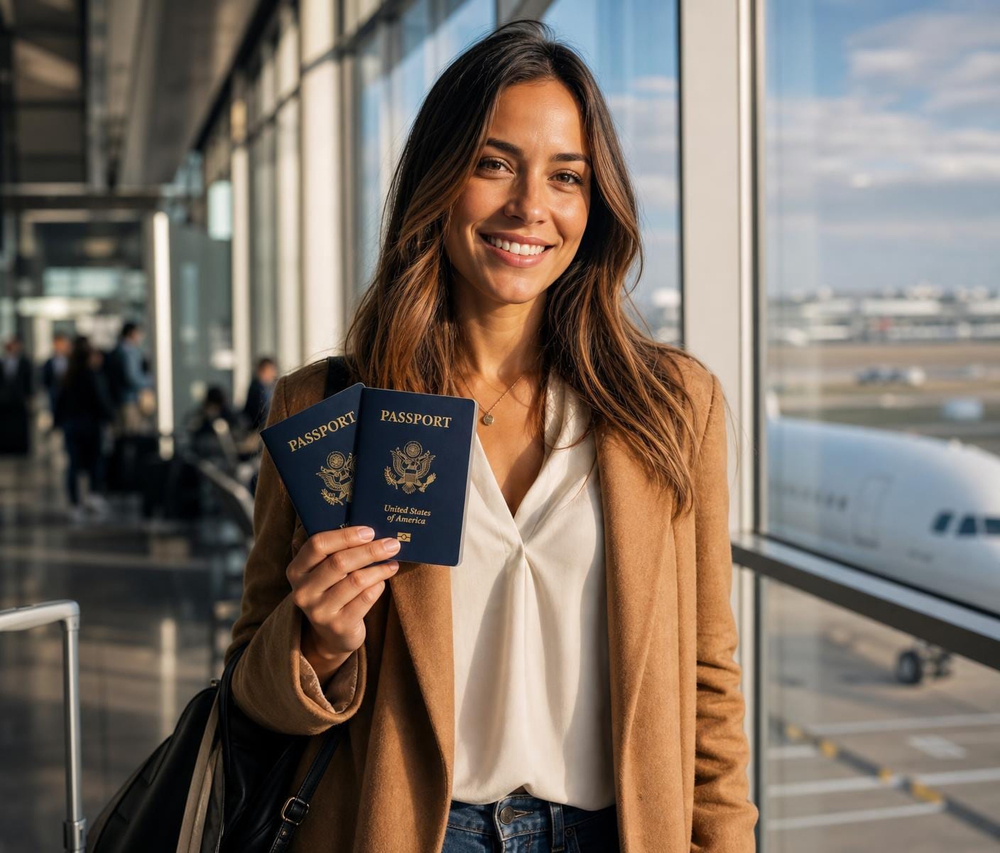 Smiling traveler in an airport terminal holding two closed U.S. passport books