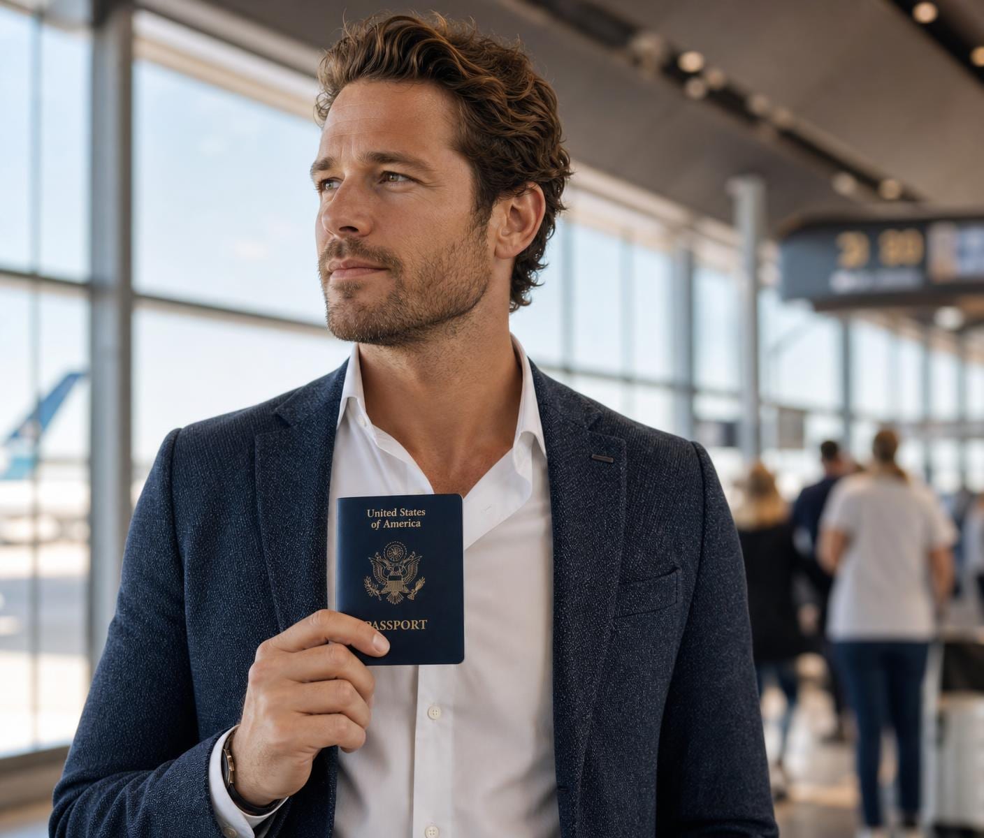 Business traveler in an airport terminal holding a closed U.S. passport and a boarding pass