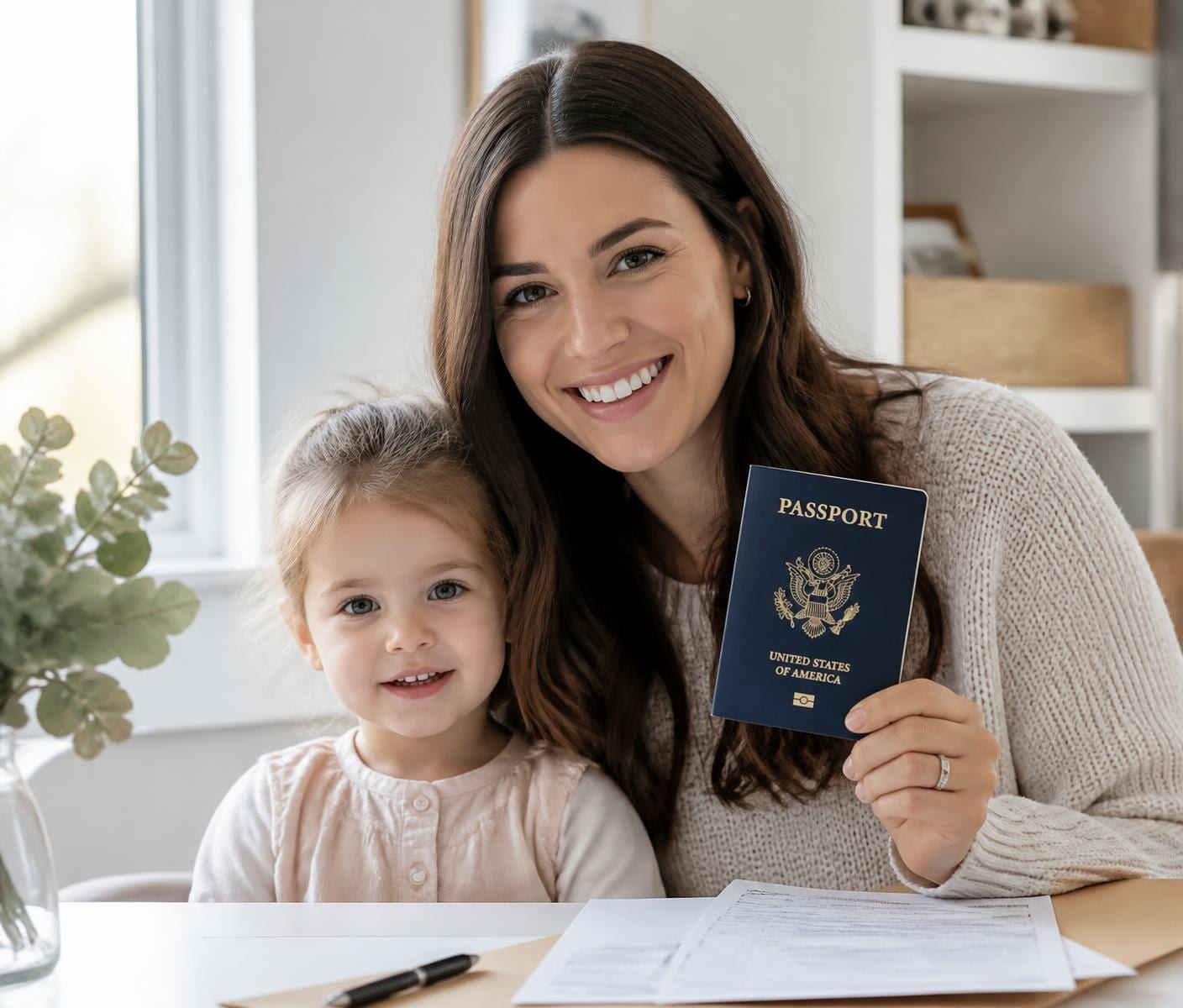 Smiling mother and her young child at a table holding a closed U.S. passport booklet beside passport paperwork