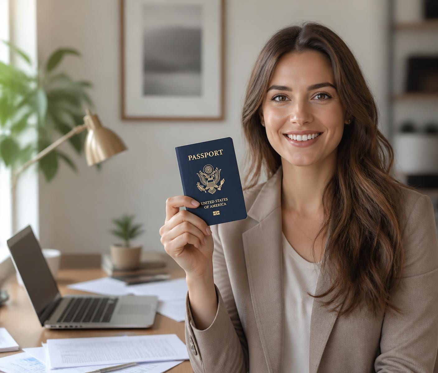 Smiling woman holding a closed navy U.S. passport booklet at her desk