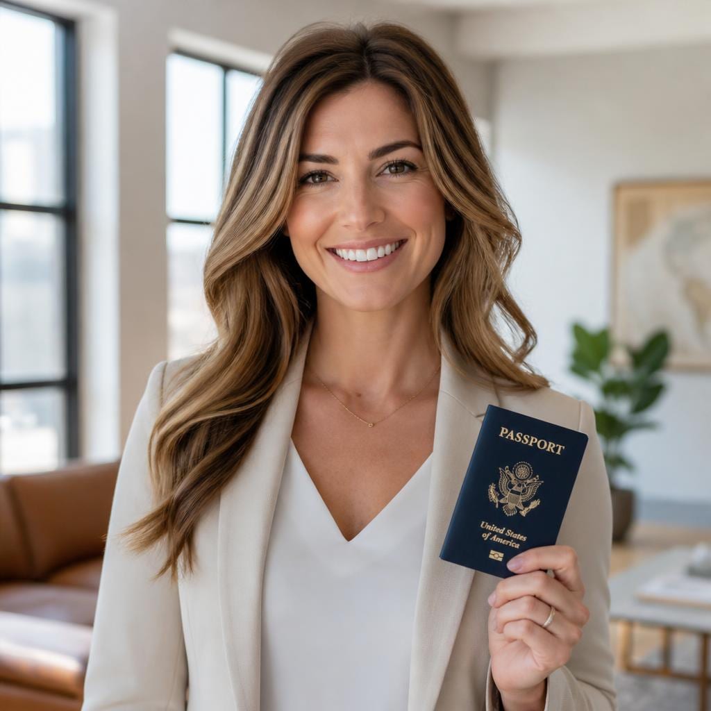 Closed U.S. passport booklet beside a DS-11 U.S. passport application form and passport photo on a desk