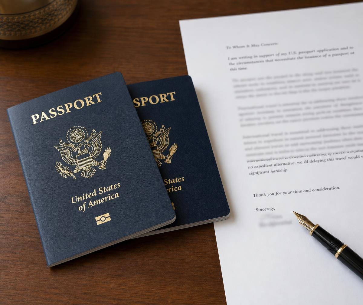 Two closed U.S. passport books beside a typed second passport justification letter