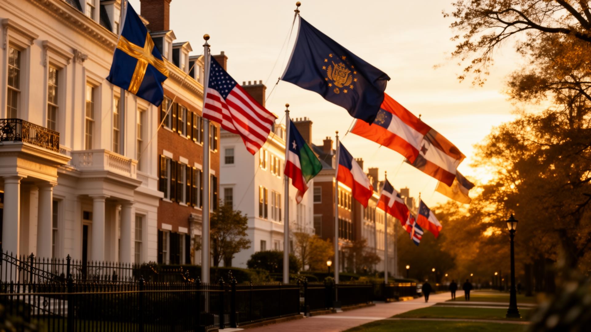 Embassy Row in Washington DC at golden hour with international flags fluttering on stately embassy buildings