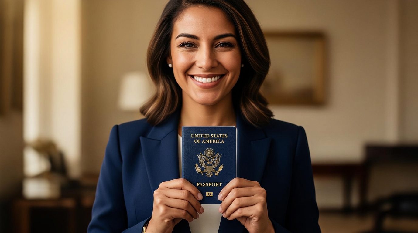 Smiling professional traveler holding a closed U.S. passport in a sunlit Washington DC office