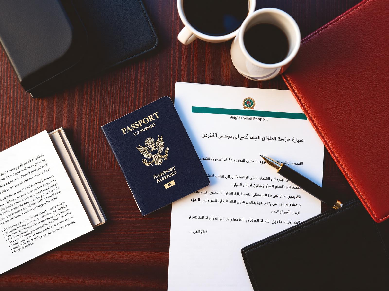 Editorial flat lay of a U.S. passport, Algerian business invitation letter in French and Arabic, leather portfolio and espresso cup
