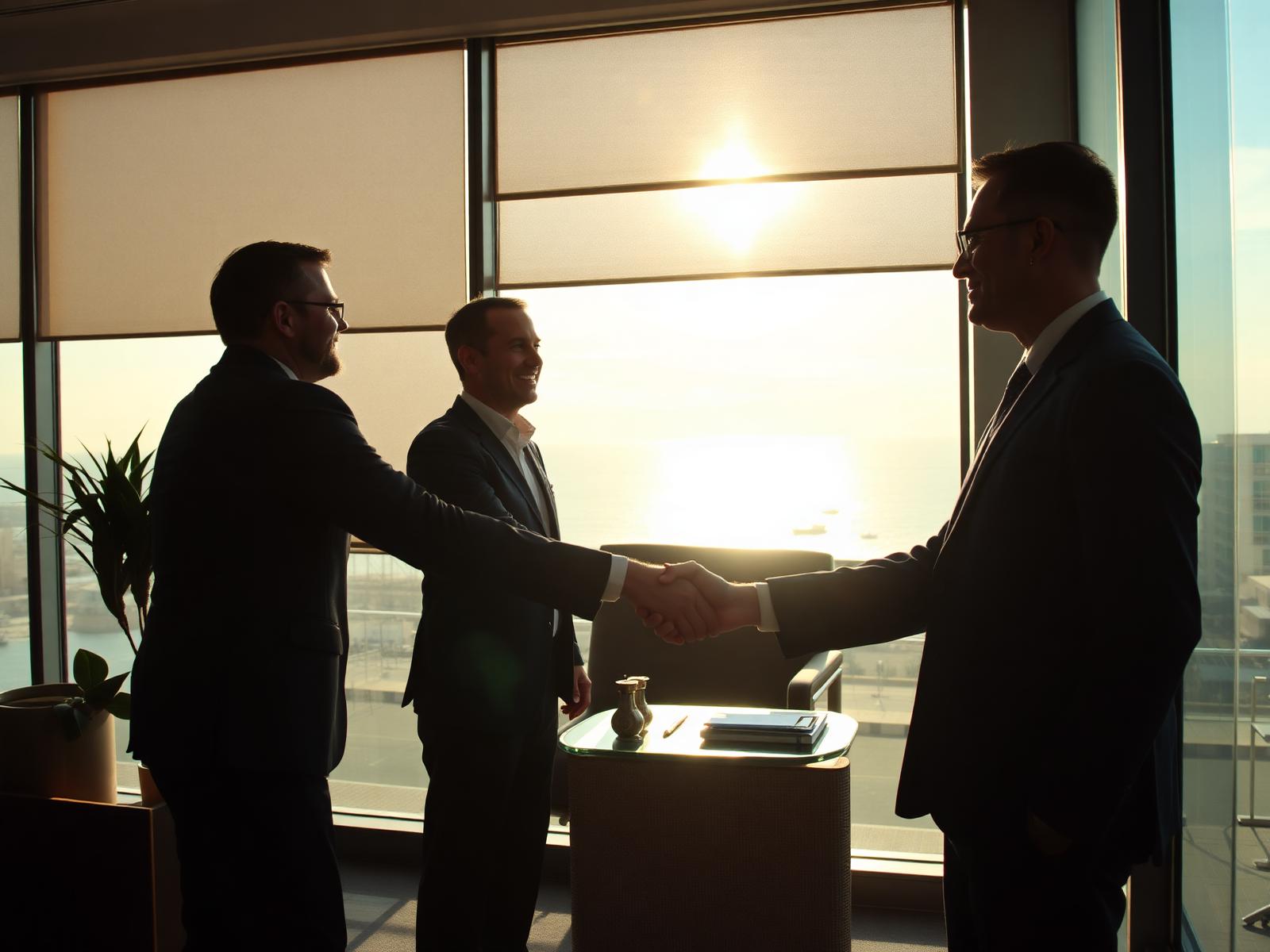 Business executives shaking hands in a modern Algiers office with the Mediterranean visible behind