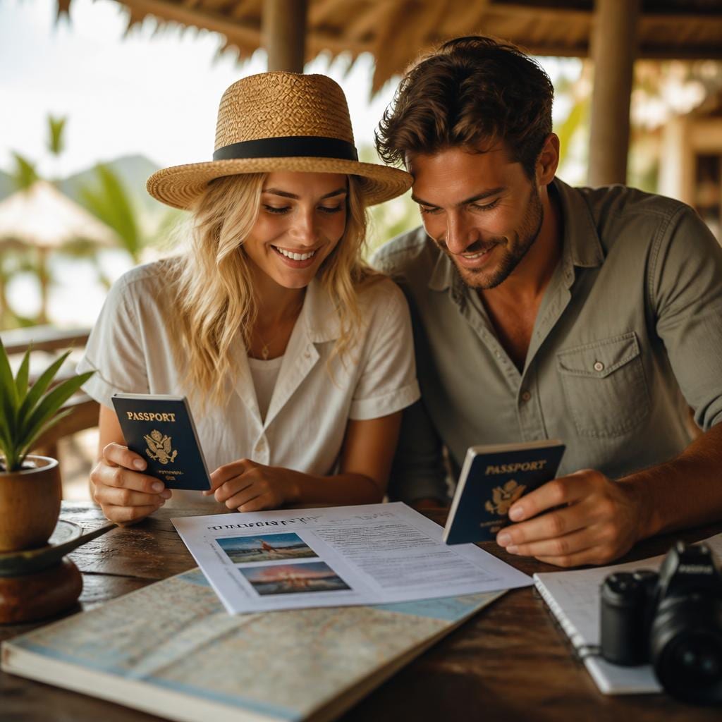 Traveler planning an Algeria trip with a passport, map and itinerary