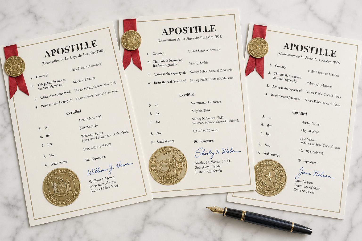 Multiple apostilled certificates with gold seals and red ribbons on a marble desk