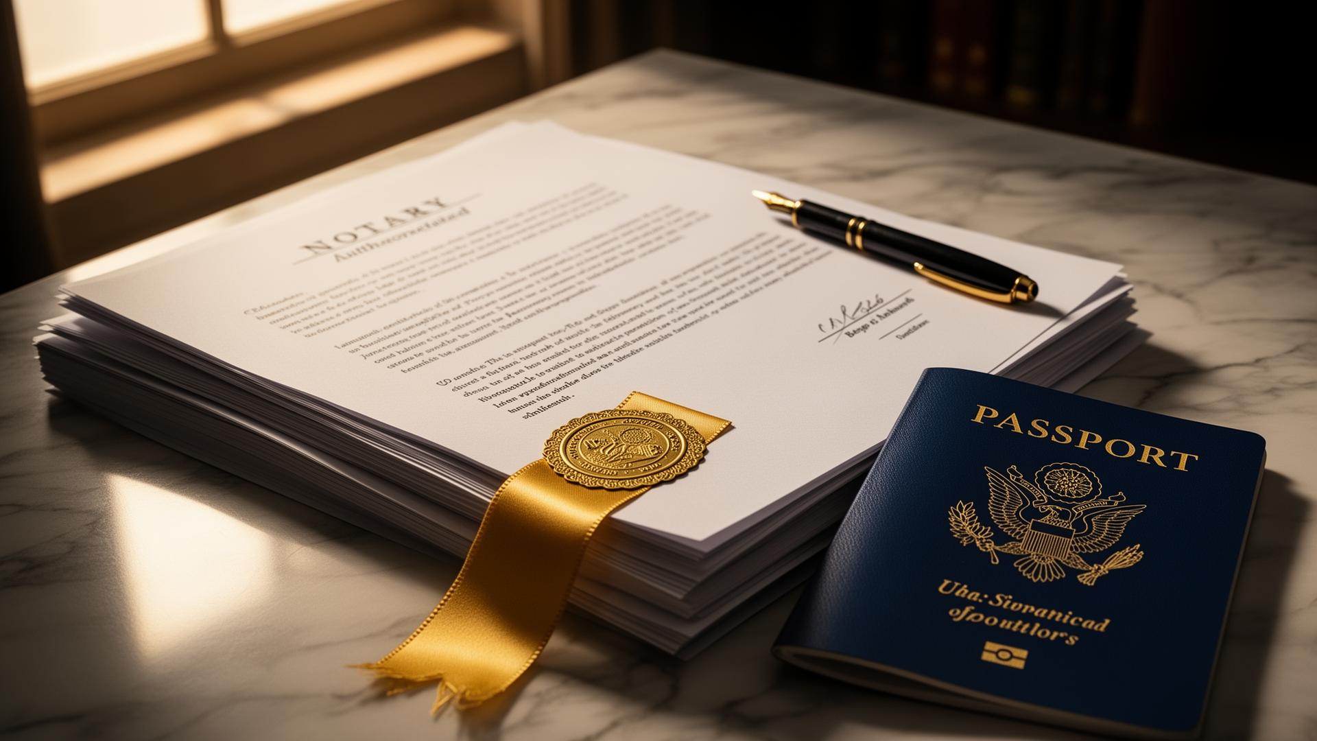 Stack of authenticated documents with notary seal, gold apostille ribbon, and a U.S. passport on a marble desk