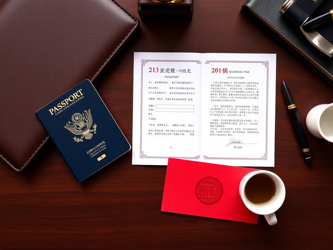 Editorial flat lay of a U.S. passport, Chinese business invitation letter, and tea cup on a wooden desk