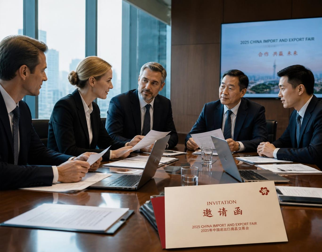 American business professionals reviewing a China business invitation letter with a trade partner