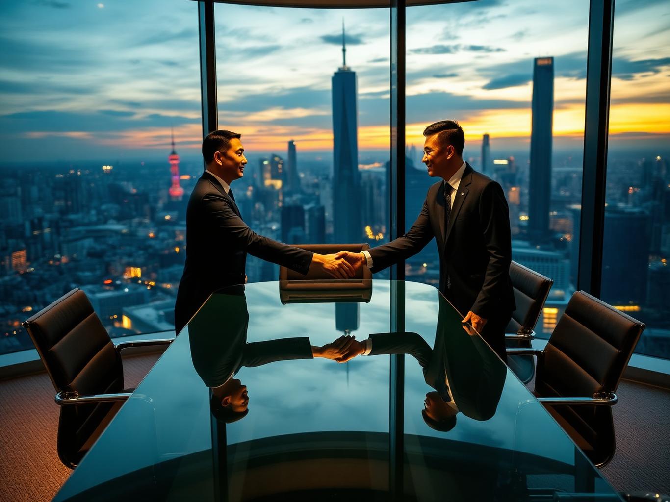 Two business executives shaking hands in a Shanghai high-rise office at dusk