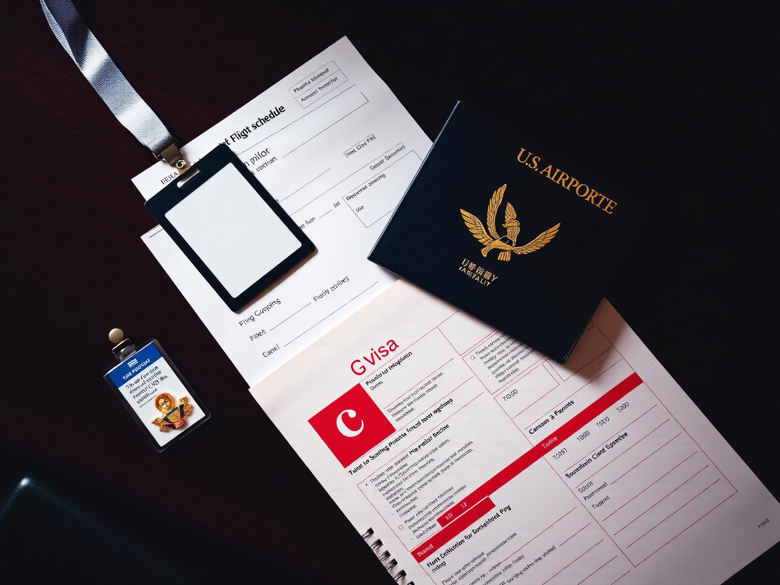 Editorial flat lay of a U.S. passport, airline crew ID, pilot wings, flight schedule, and Chinese C visa form