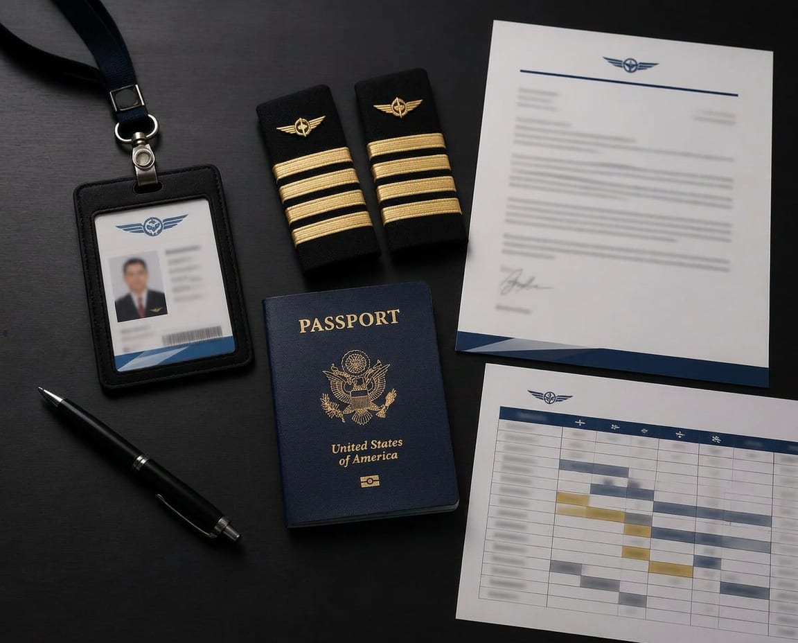 Airline crew ID, passport, pilot epaulettes, airline letter, and rotation schedule laid out for a China crew visa application