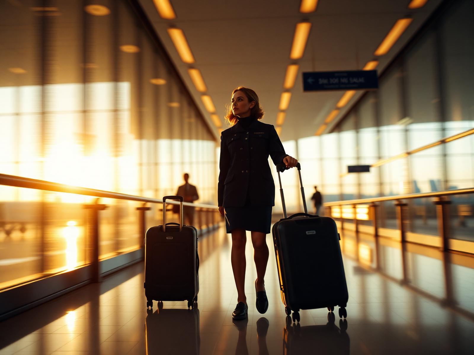 Flight crew member walking through an airport terminal at golden hour