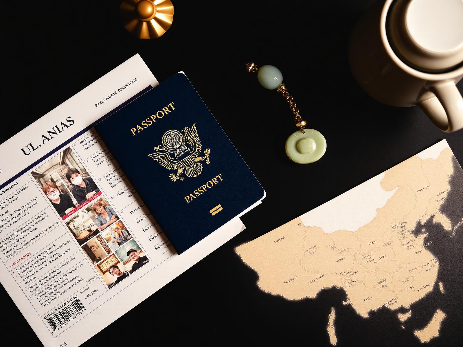 Editorial flat lay of a U.S. passport, Chinese tourist visa documents, jade ornament, and a map of China