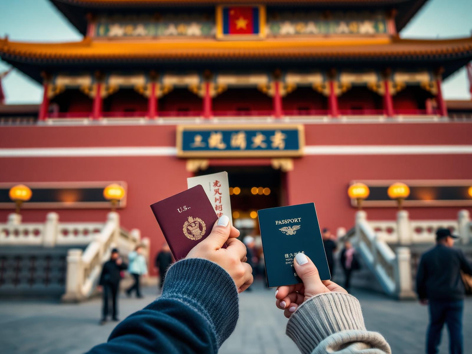 Travelers holding U.S. passport and Chinese tourist visa in front of the Forbidden City