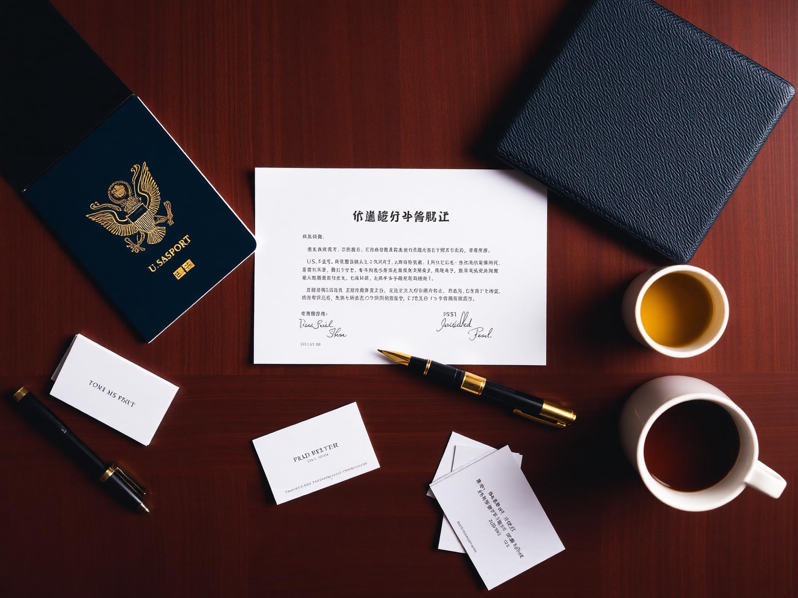 Editorial flat lay of a U.S. passport, Chinese F visa invitation letter, fountain pen, and tea cup