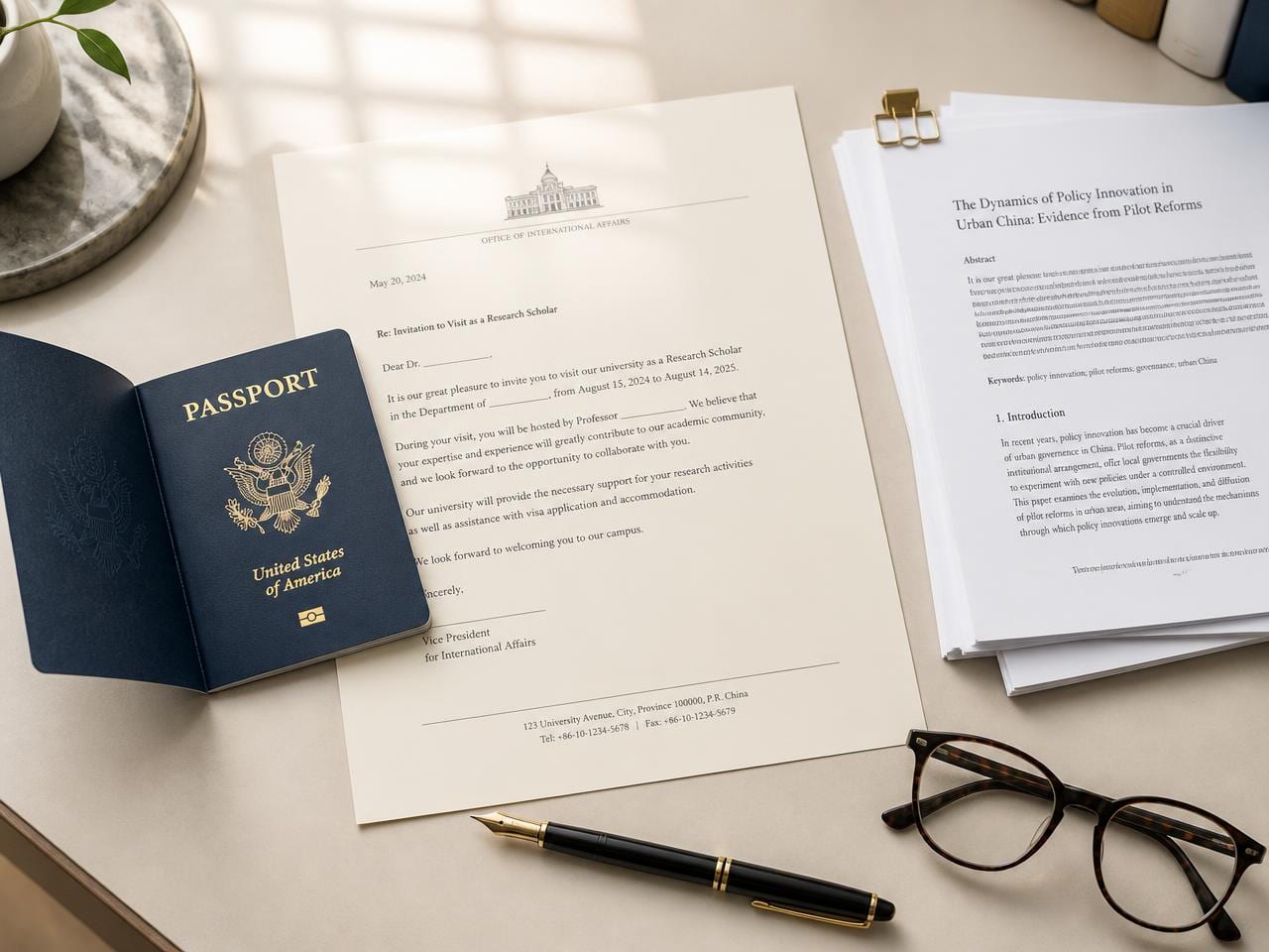 U.S. passport with a Chinese host institution invitation letter and academic research papers on a desk