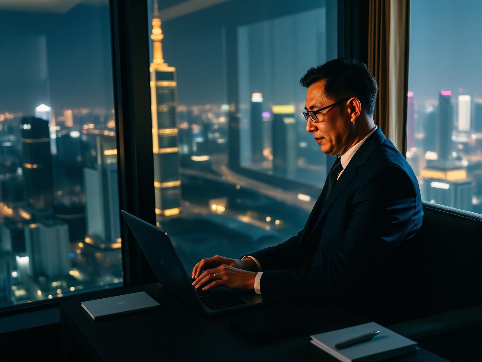 Executive working on a laptop in a Shanghai high-rise hotel suite at night