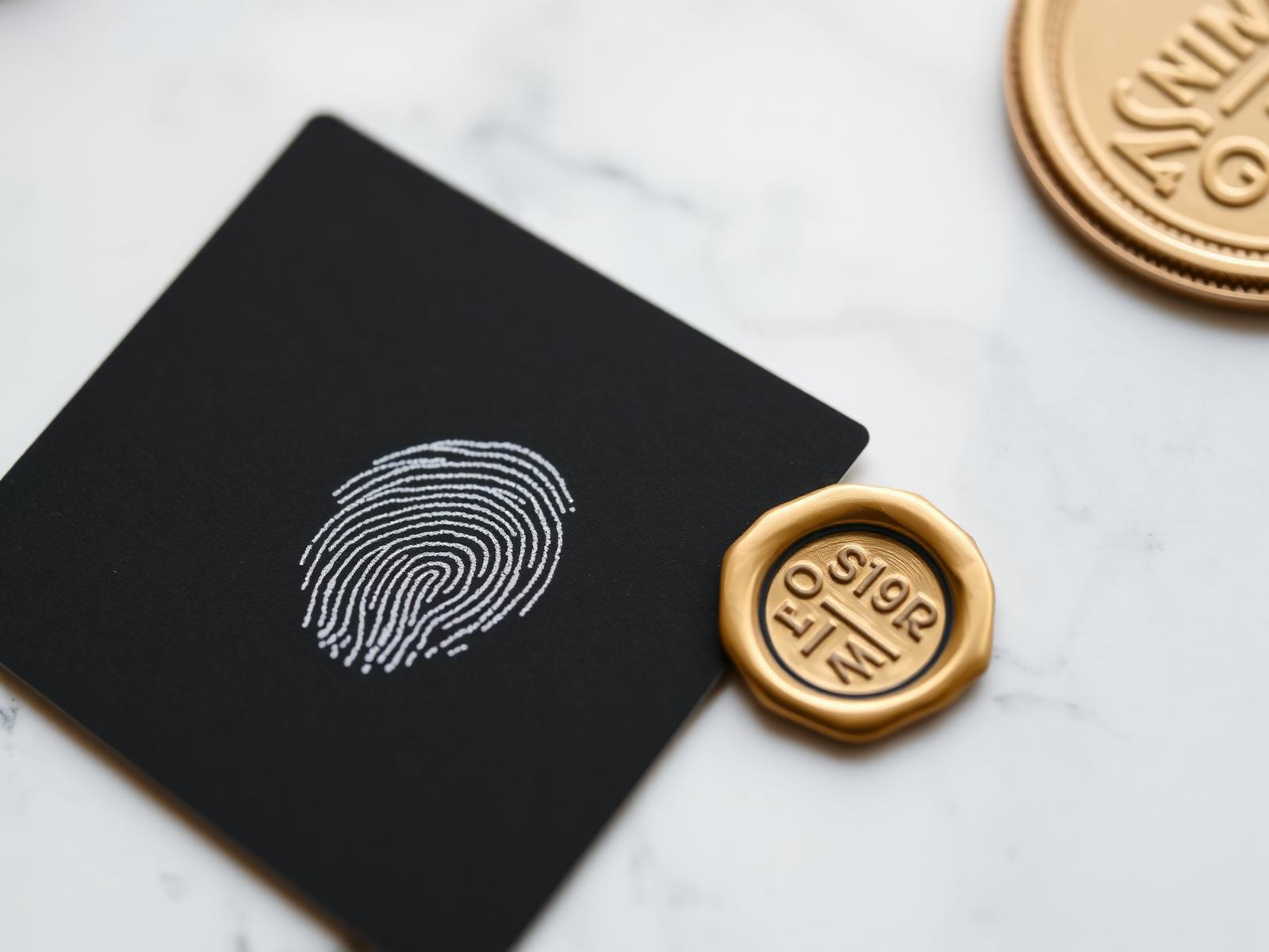 Fingerprint card and gold wax seal on marble surface