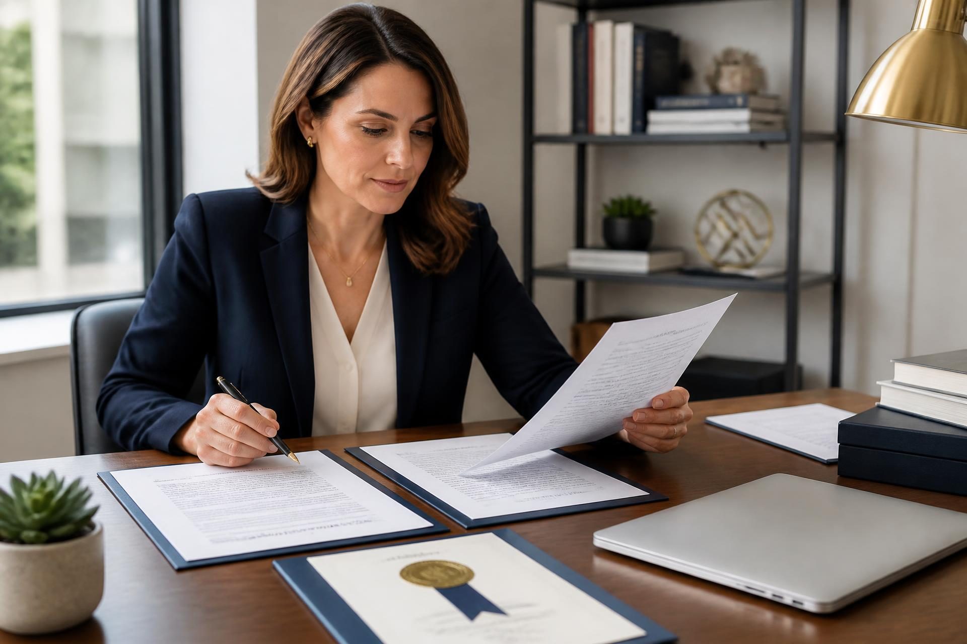A professional specialist in a navy blazer reviewing a business power of attorney next to an apostille certificate with a gold foil seal at a modern office desk