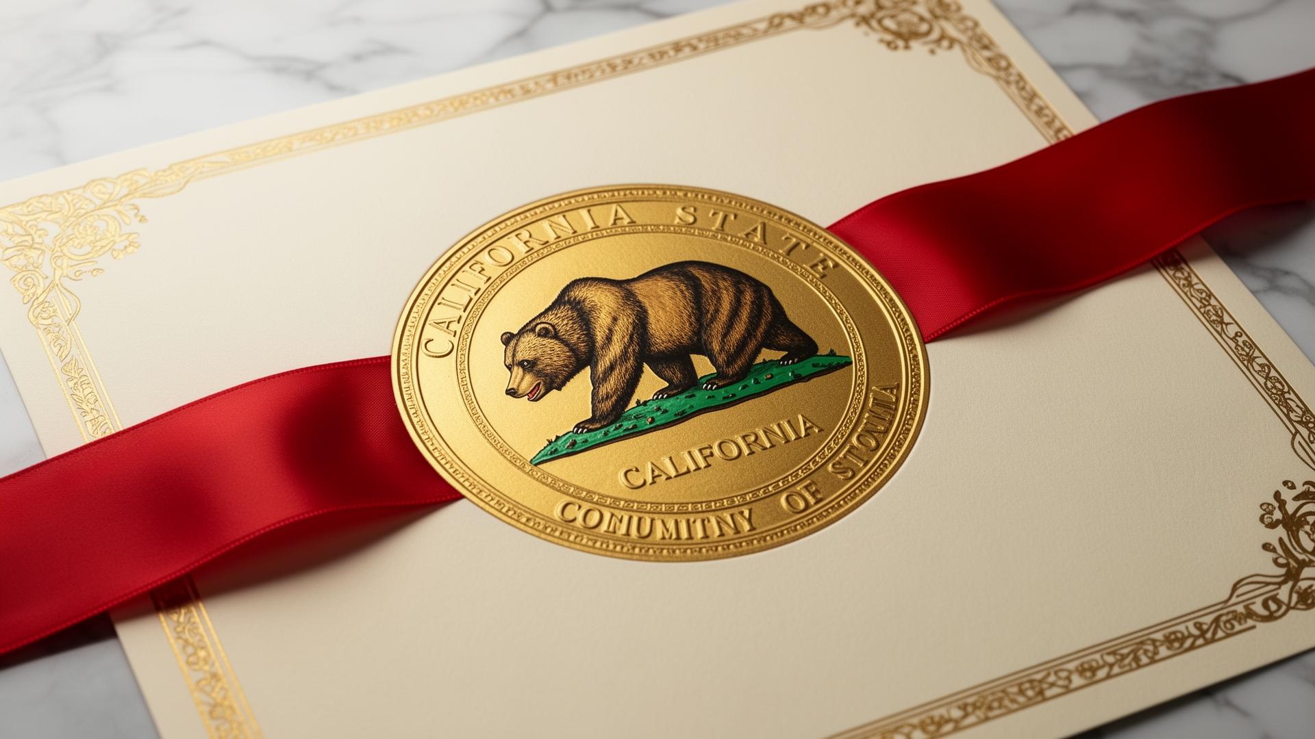 California state seal with a grizzly bear embossed in gold on a certificate with a red ribbon