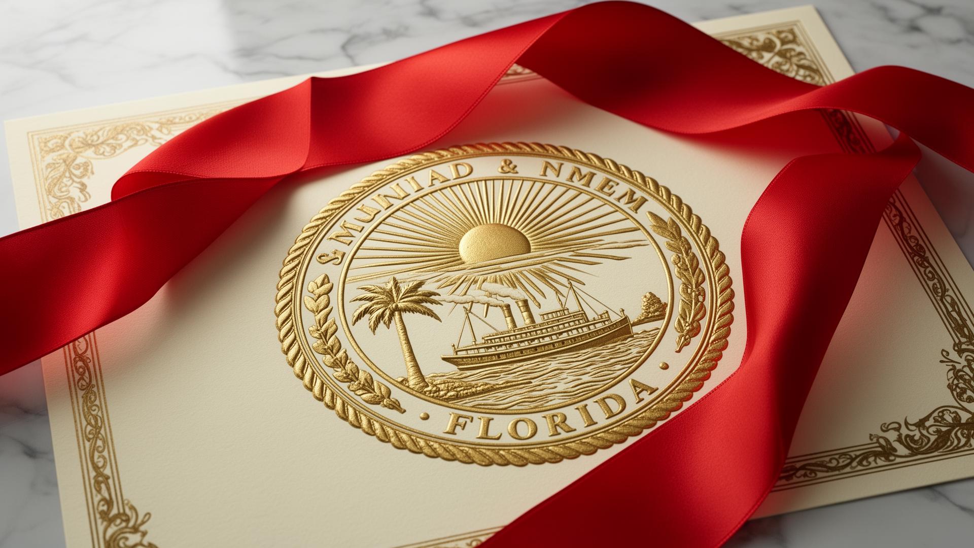 Florida state seal embossed in gold on a certificate with a red ribbon