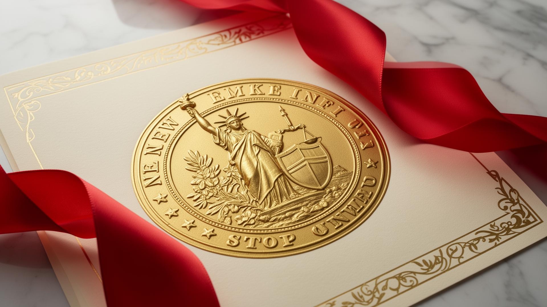 New York state seal embossed in gold on a certificate with a red ribbon