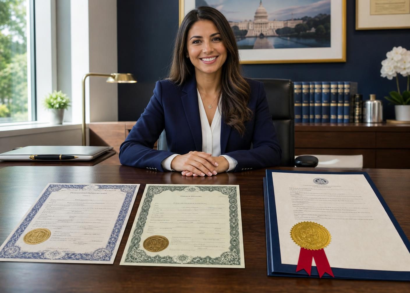 A blank certified record certificate beside an apostille page with a gold seal, red ribbon, notary stamp, and fountain pen on a wooden desk
