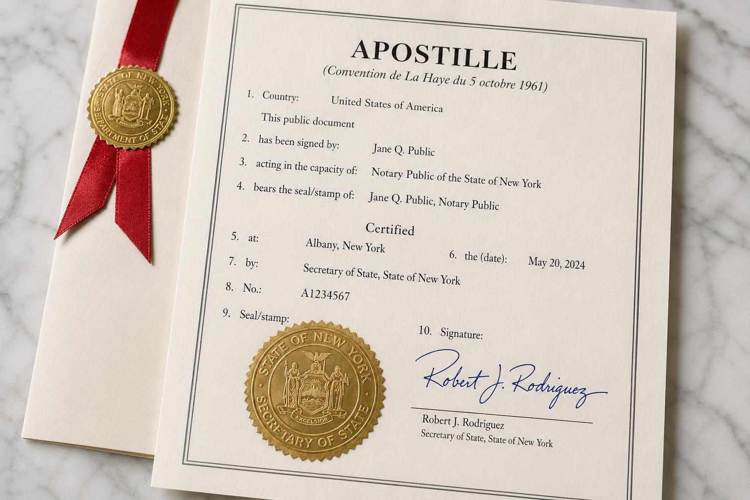 Apostille certificate with gold seal and red ribbon on a marble desk