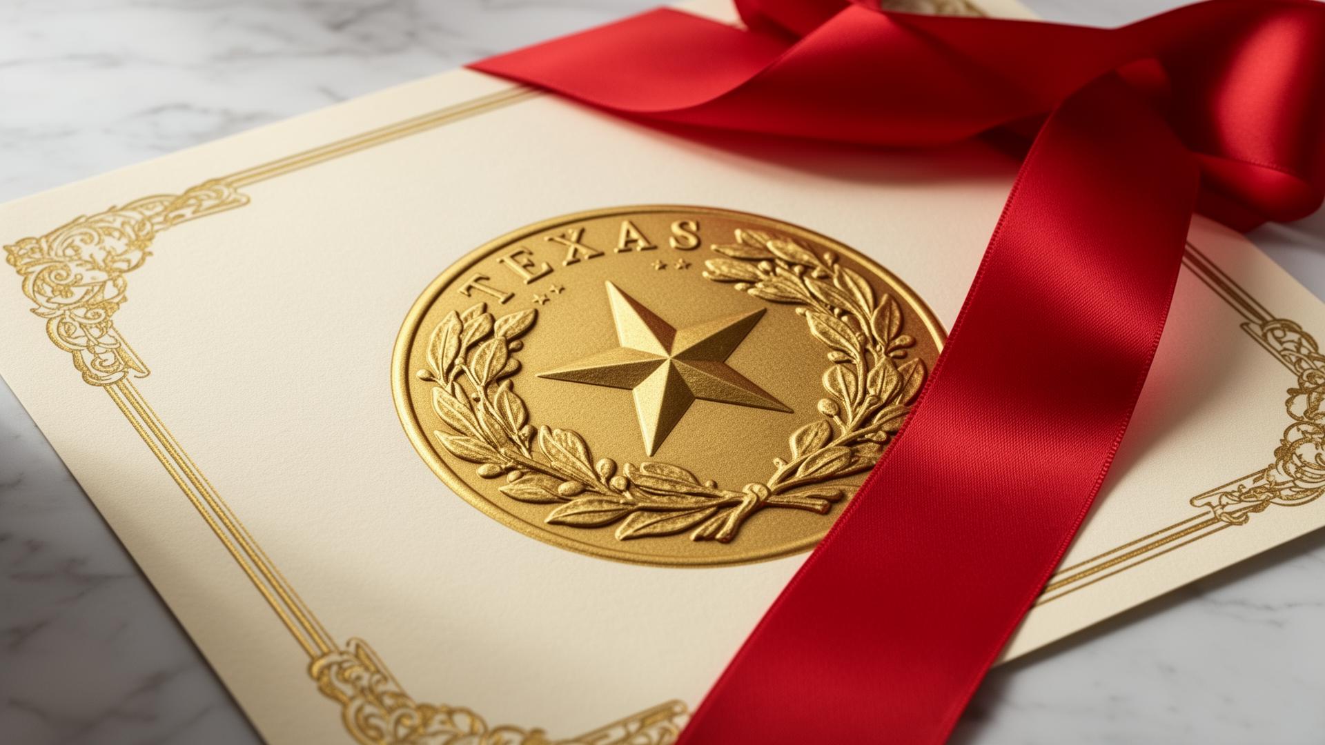Texas state seal embossed in gold on a certificate with a red ribbon
