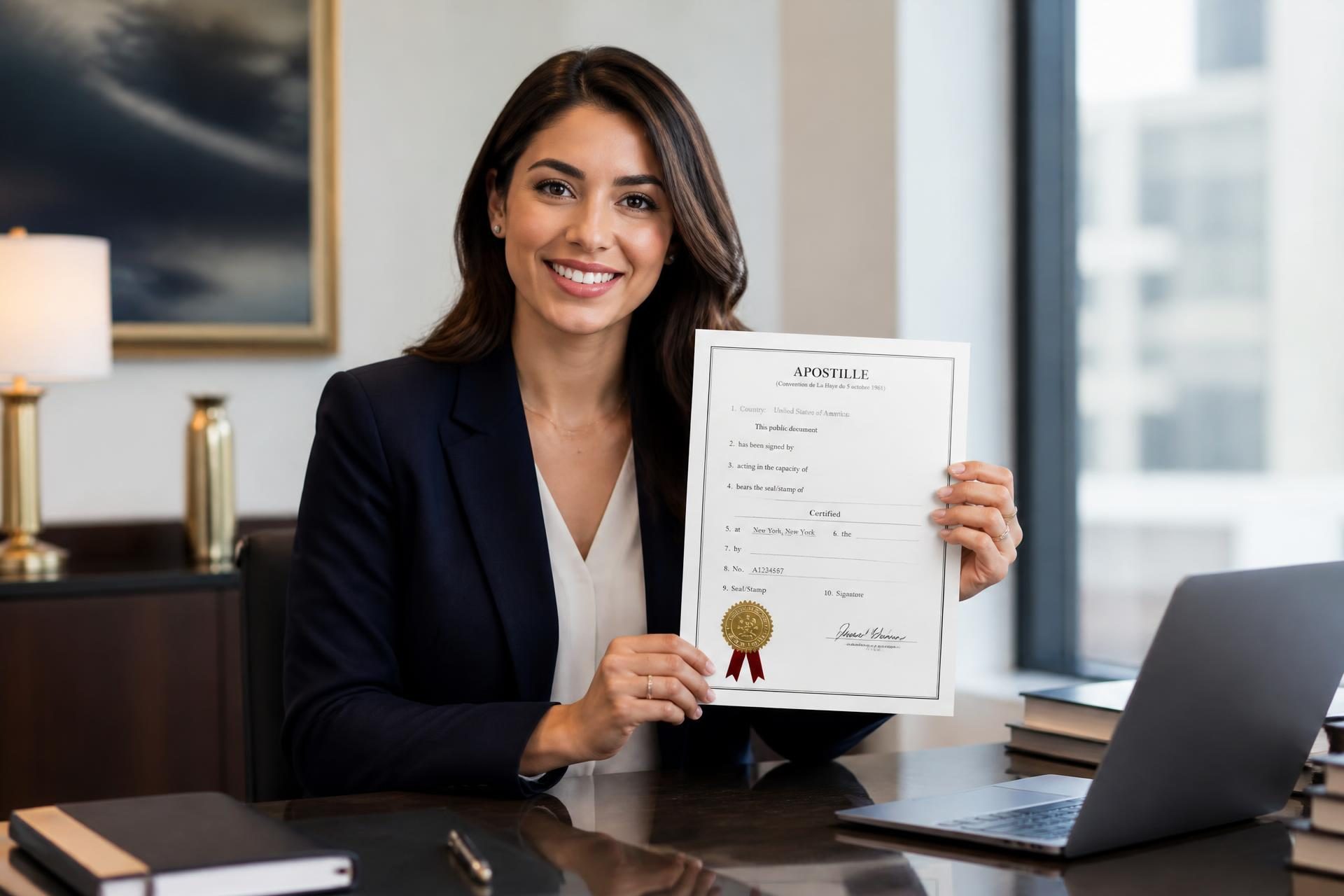 Apostille certificate with a gold seal and red ribbon beside a Washington, DC document folder and fountain pen on a professional desk