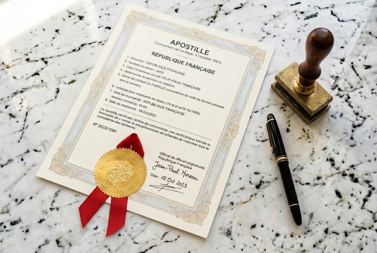 An apostille certificate with gold embossed seal, red ribbon, notary stamp, and fountain pen on a marble desk