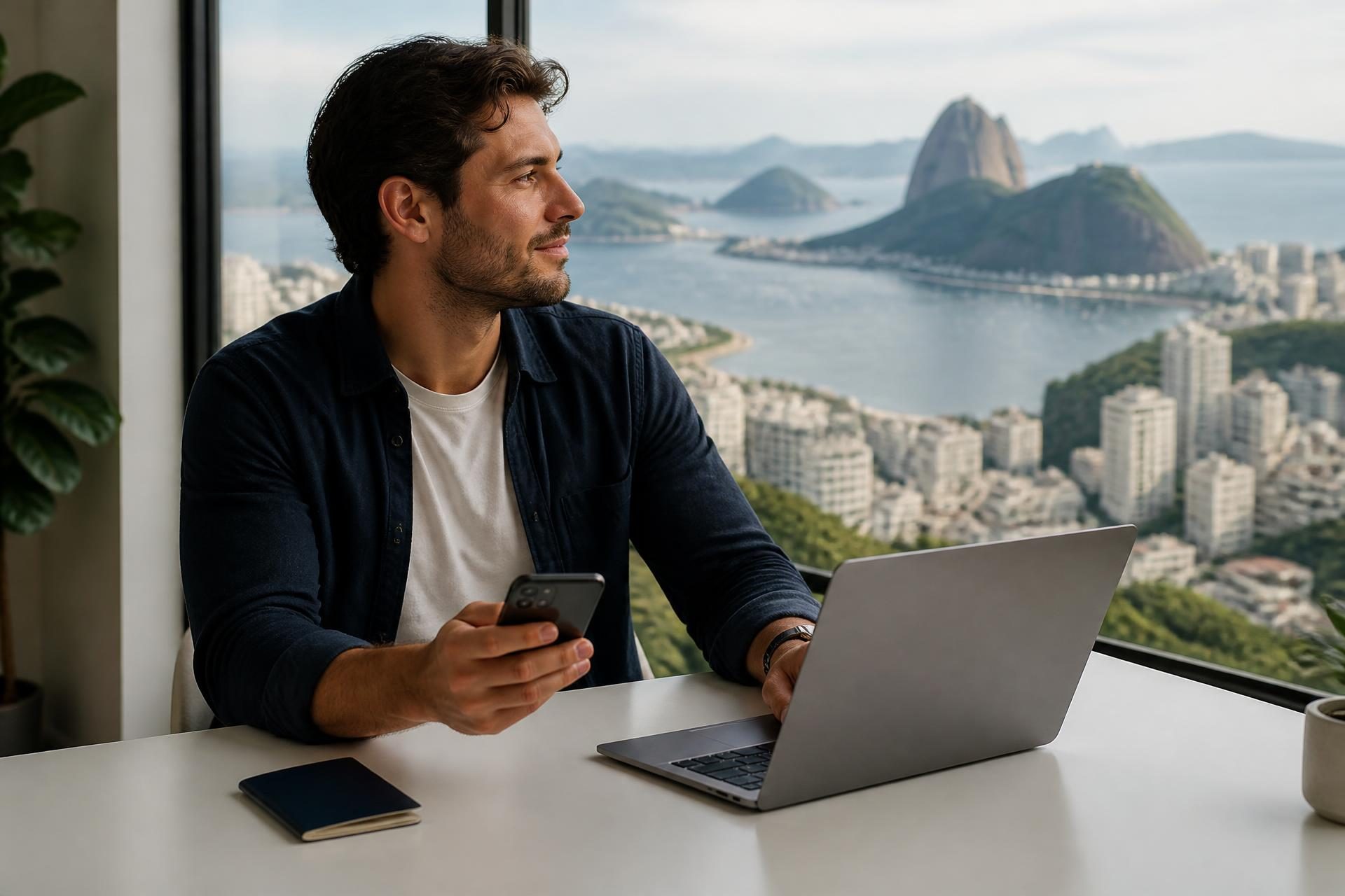 A traveler with a laptop, phone, and closed passport at a bright desk overlooking a Brazilian coastal city skyline